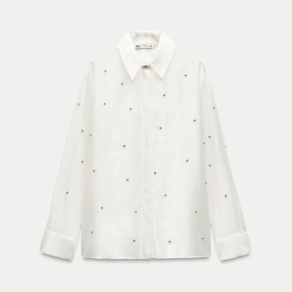 NWT!! Zara Oyster White Ecru Semi Sheer Shirt Blouse With Jewels Size L - Picture 14 of 14